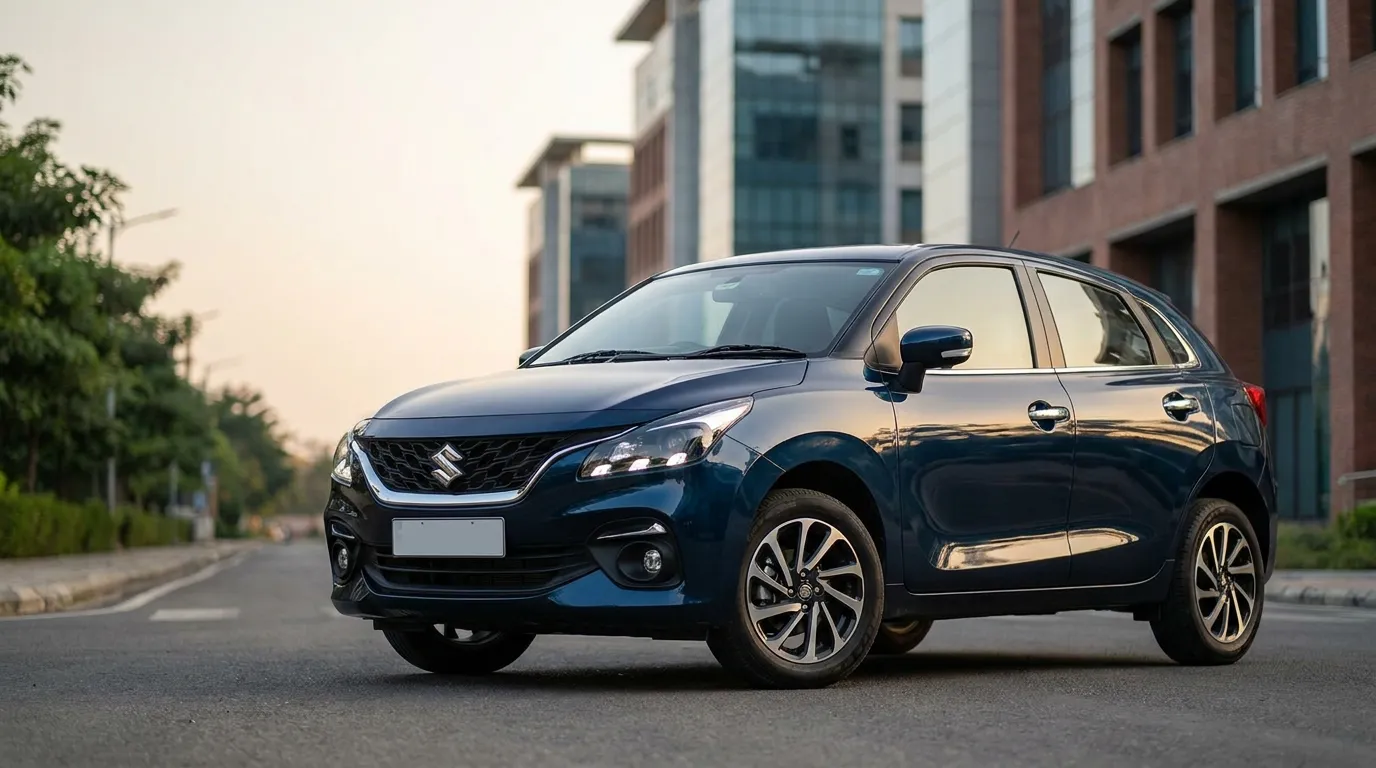 Maruti Suzuki Baleno 2026 premium hatchback front three-quarter view in Nexa Blue