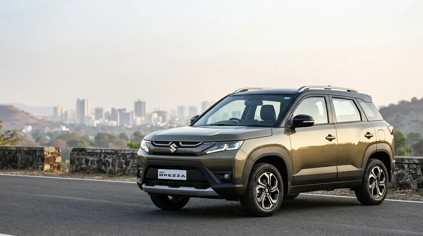 Maruti Suzuki Brezza Turbo Boosterjet compact SUV in Brave Khaki with black roof, front three-quarter view