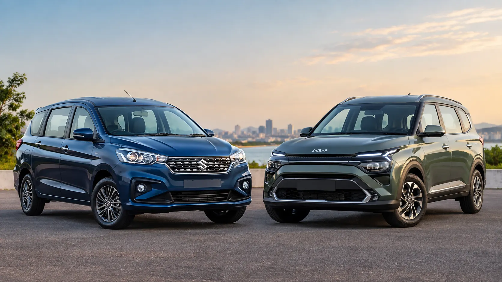 Maruti Suzuki Ertiga vs Kia Carens comparison showing both family MPVs