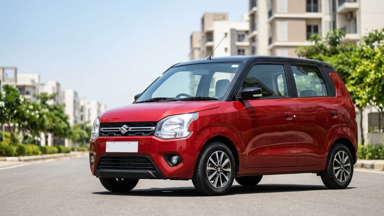 Maruti Suzuki Wagon R tall-boy hatchback in Gallant Red with black roof, front three-quarter view